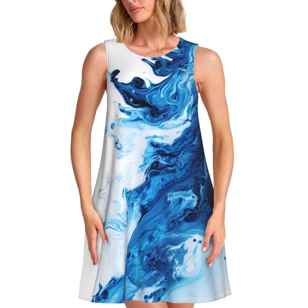 Fotbe Blue White Fluid Art Vestido de Verano sin Mangas para Mujer – Vestido Midi Línea A, Estilo Camiseta Floral, Vestido Playero Casual y Fluido