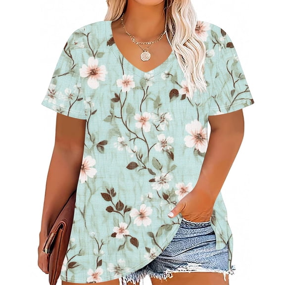 Jsaierl Short Sleeve Tops for Women Plus Size Dressy Shirts V Neck Retroout Ladies Blouses Trendy Plain T Shirts Top XL-5XL