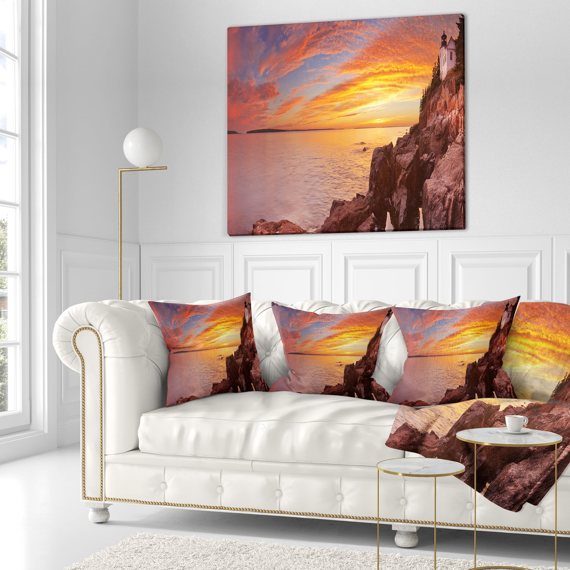 Designart Bass Harbor Head Lighthouse Panorama - Modern Seascape Throw Pillow - 18x18