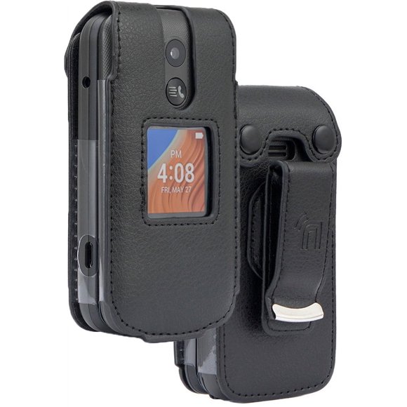 Case for Alcatel TCL Flip 2 Phone (2022), Nakedcellphone [Black Vegan Leather] Form-Fit Cover with [Built-In Screen Protection] and [Metal Belt Clip] for T408DL / TFALT408DCP