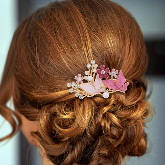 Raindrops Pink Metal Hairpins with Flower Rhinestone Retro Hair Clips for Women Office and Outdoor Activities 1Pcs