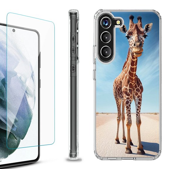 Shockproof Bumper Phone Case for Samsung Galaxy S23 5G, with Tempered Glass Screen Protector, by OneToughShield ® - Giraffe