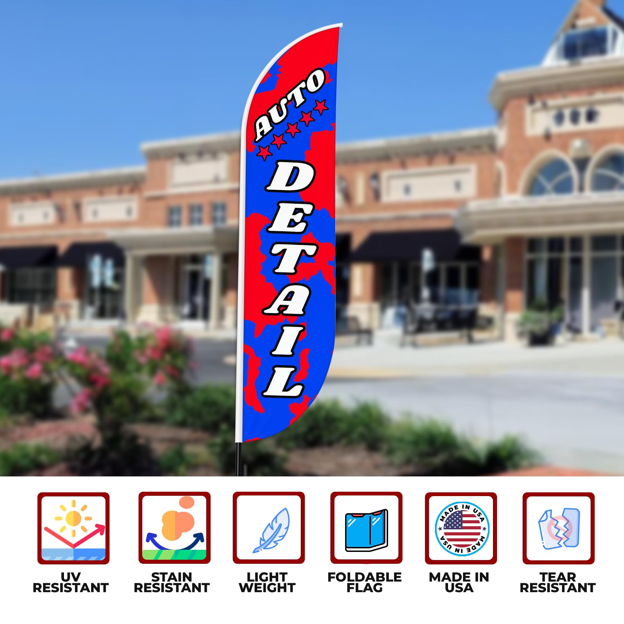 Auto Detail Sign feather flag Pole kit for Outdoor by Mavis Printing | 15 FEET Long Polyester Outdoor Banner Flag Pole Mount Easy Hang | HD Print Swooper Flag to Advertise Car Business