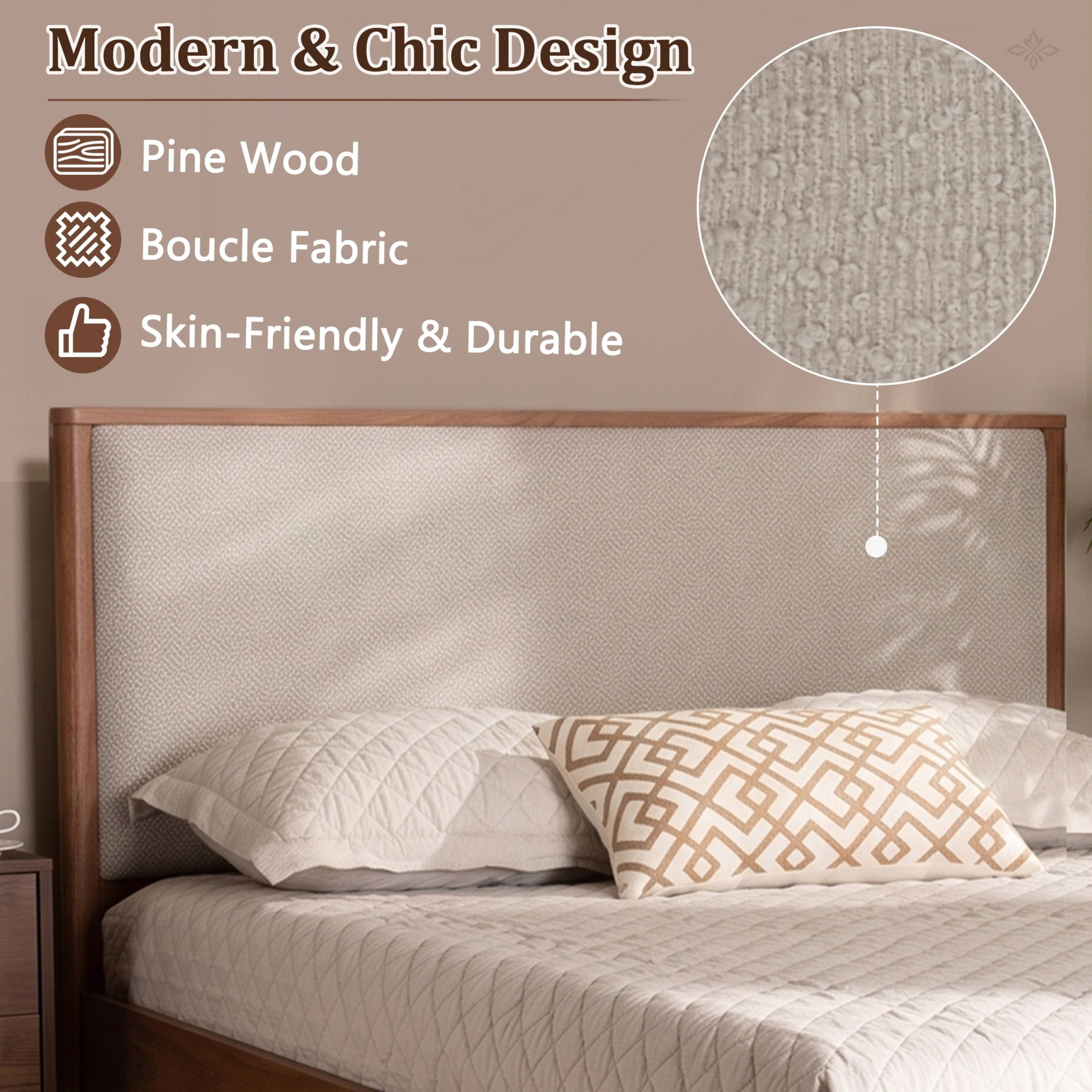 Christopher Knight Home Mid-Century King Platform Bed Frame with Boucle Upholstered Headboard, Walnut