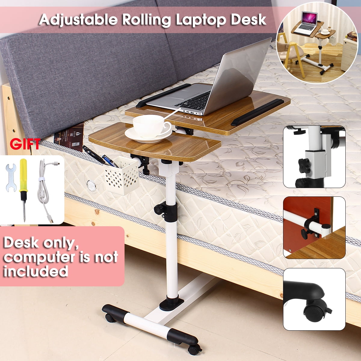 Foxemart Rolling Desks with Wheels White Modern Mobile Writing Study Home Office Desk 39 Inch Portable Computer Desk with Locking Caster Movable Sturdy Laptop Rolling Table 