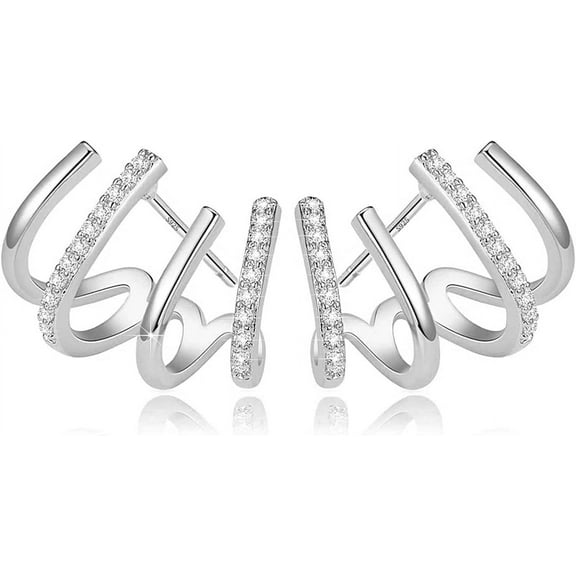 Sterling Silver Cubic Zirconia Half Hoop Stud Earrings Looks Like 4 Gold Hoop Earrings for Women