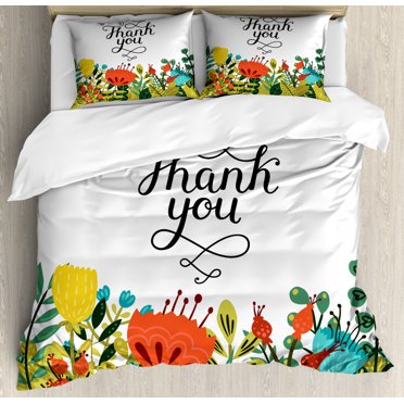 Floral Decor King Size Duvet Cover Set, Hand Written Thank You Quote Above Botanic Big Slowers and Leaves Artwork, Decorative 3 Piece Bedding Set with 2 Pillow Shams, Multicolor, by Ambesonne