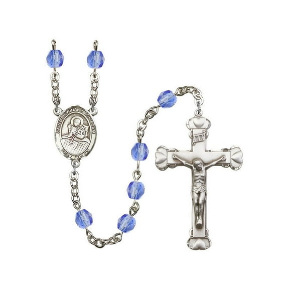St. Lidwina of Schiedam Silver-Plated Rosary 6mm September Blue Fire Polished Beads Crucifix Size 1 5/8 x 1 medal charm