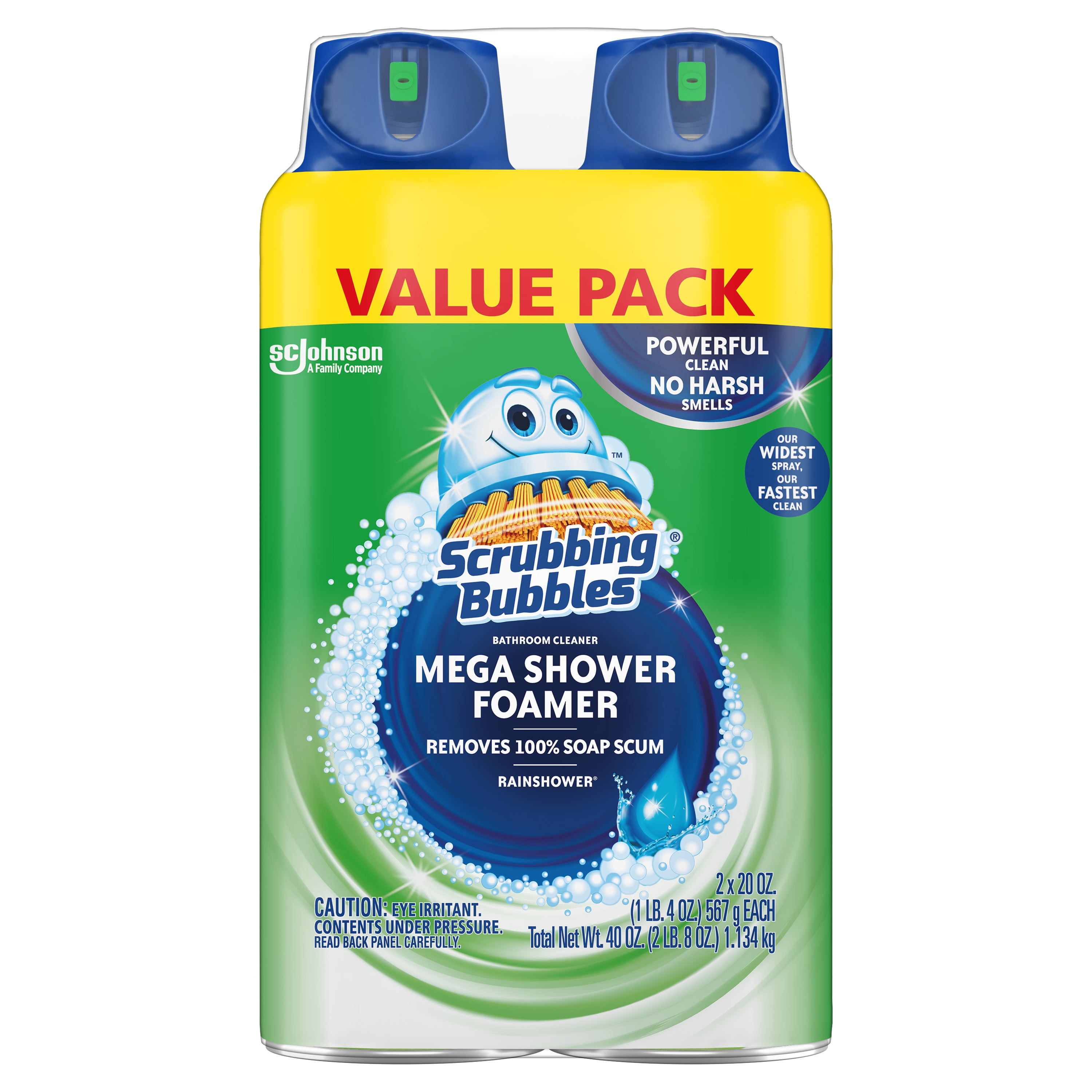 Scrubbing Bubbles Mega Shower Foamer Aerosol, Tough Foaming Bathroom, Tile, Bathtub and Disinfectant Shower Cleaner (1 Aerosol Spray), Rainshower Scent, 20 Oz (Pack of 2)