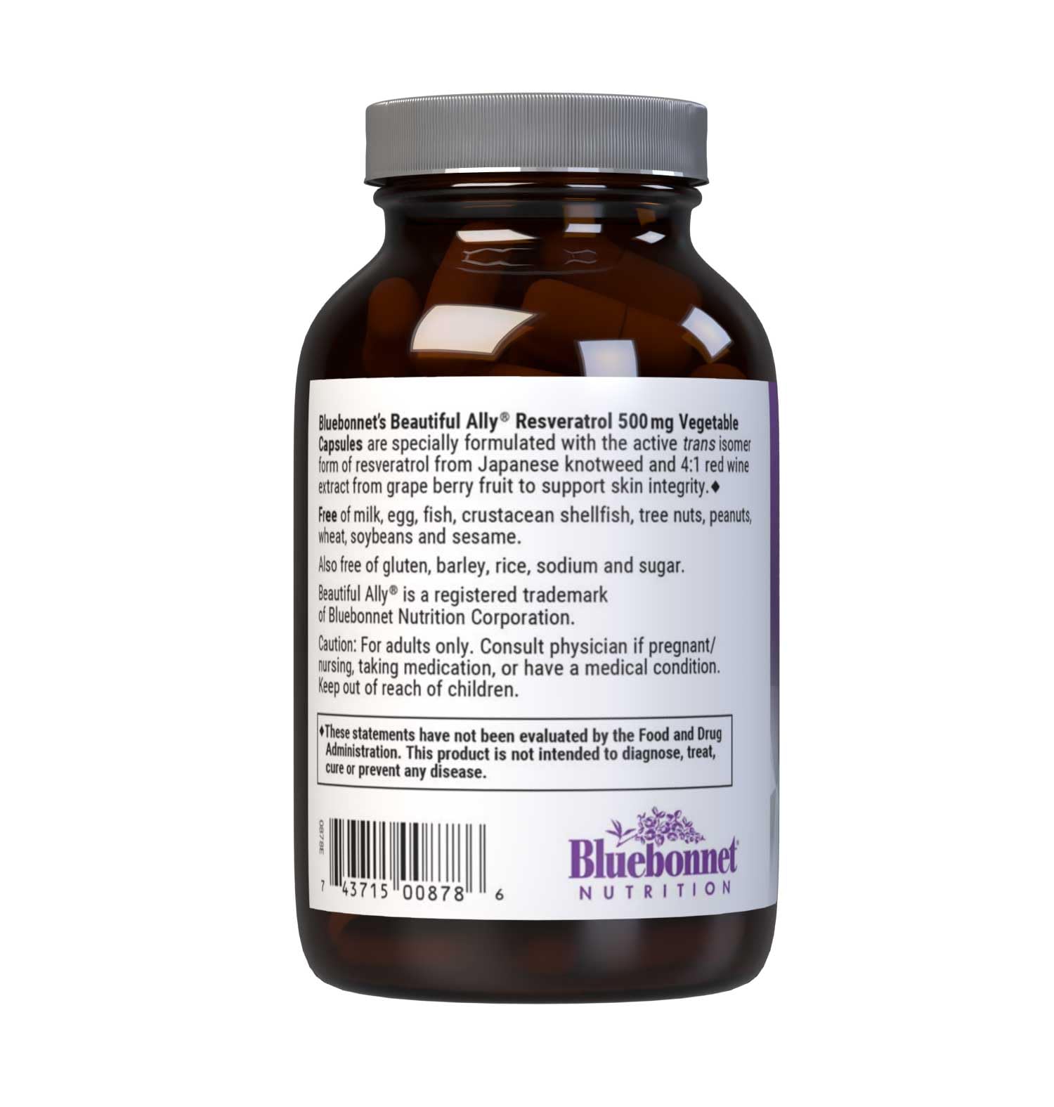 Bluebonnet Beautiful Ally Resveratrol 500mg, Protect Skin Integrity*, 30 Vegetable Caps