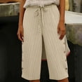 thumbnail image 6 of StSilkitty Striped Capris for Womens High Waist Elastic Drawstring Side Buttons Cropped Pants with Pockets, 6 of 8