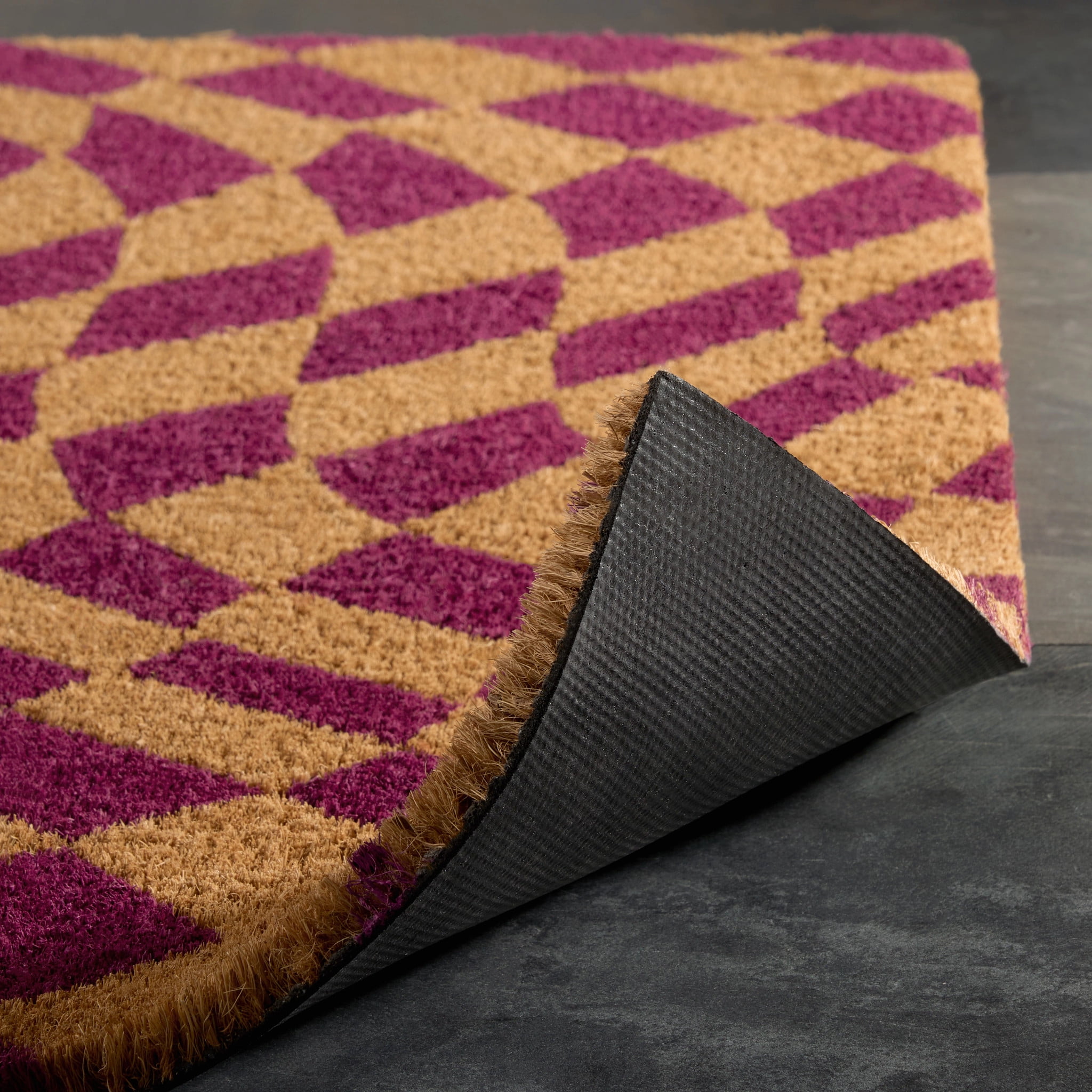 TOWN & COUNTRY TERRA Emmett Groovy Checkerboard Outdoor Door Mat, Natural Coir, Heavyweight, Non-Slip Entryway Mat, Purple, 24"x36"