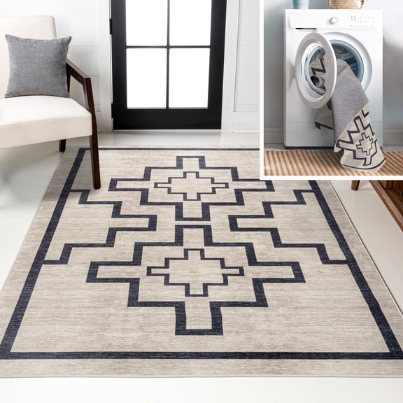 JONATHAN Y WASHABLE 8 x 10 Area Rug, Ashkii Minimalist Medallion - Ivory/Dark Gray, WSH115A-8