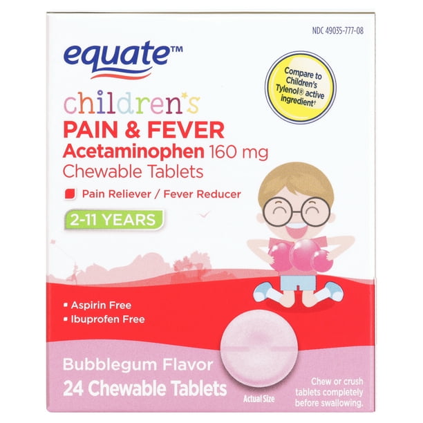 Equate Children's Bubblegum Pain & Fever Reliever Chewable Tablets, 160 mg, 24 Count