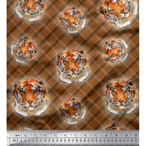 Soimoi Cotton Duck Fabric Check & Tiger Face Animal Printed Fabric 1 Yard 42 Inch Wide