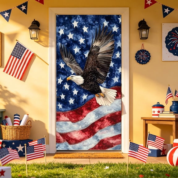 Guodhu 70.9x35.4 Inch Patriotic Door Curtain, Independence Day Hanging Cloth for Front Door Wall Decoration and Party Background (0.27lb)(Multicolor Y)
