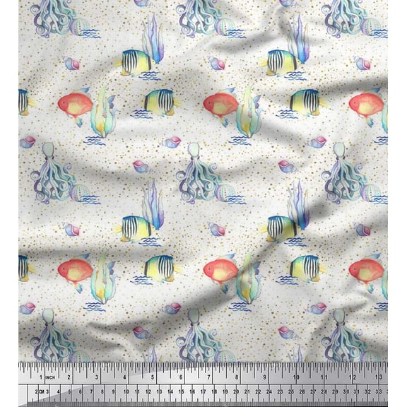 Soimoi Polyester Crepe Fabric Fish & Octopus Ocean Print Sewing Fabric Yard 52 Inch Wide
