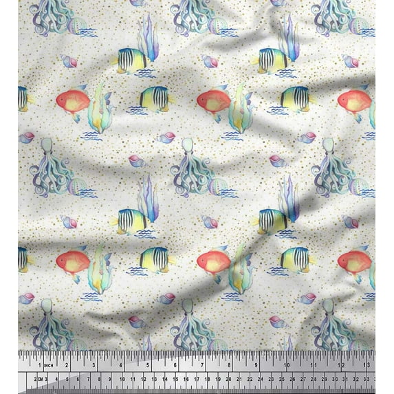 Soimoi Green Heavy Satin Fabric Fish & Octopus Ocean Print Fabric by The Yard 56 Inch Wide