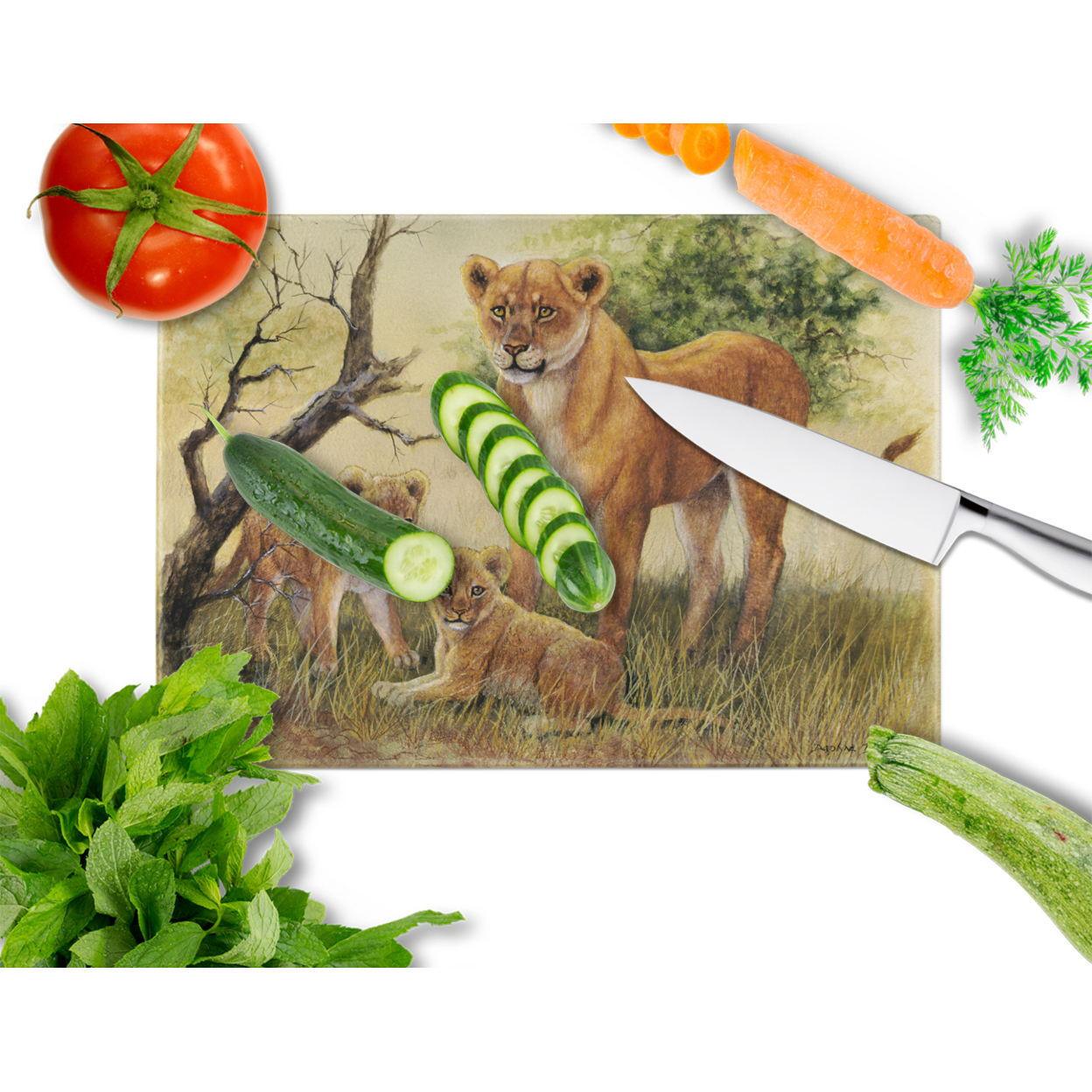 Lion and Cubs by Daphne Baxter Glass Cutting Board Large