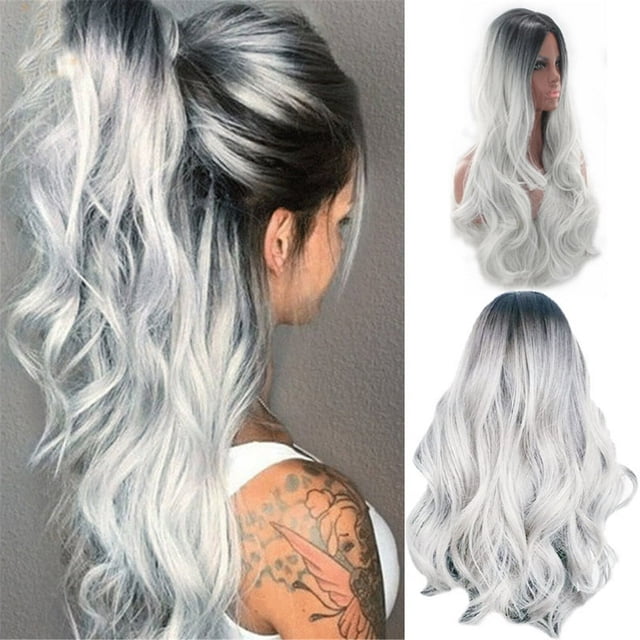 Full Head Cover Ladies Gray Gradient High Temperature Silk Hair Set Long Big Wave Curly Hair In The Middle Part Dyeing