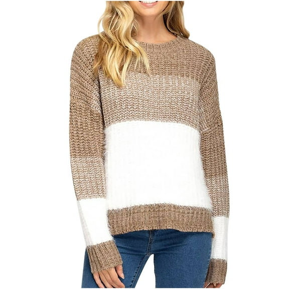 Fesfesfes Women Sweaters Casual Solid Color Splicing Sweaters O-Neck Long Sleeve Sweater Tops Blouse or