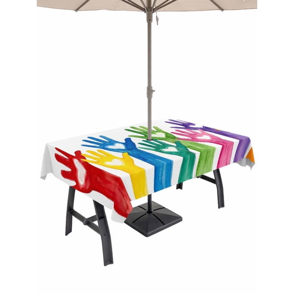 Outdoor Tablecloth with Umbrella Hole for Patio/Picnic/Party/Camping, Colorful Hands Print Waterproof Table Cloth Rectangle Table Cover Washable, Cartoon Cute Funny Love Heart White (60"x 120")