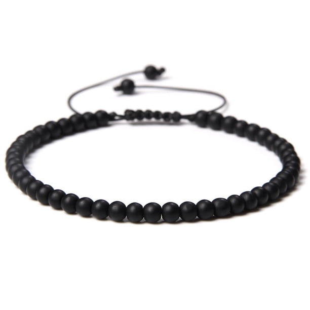 Nvzi Pulsera de cuentas hecha a mano, pulsera de cuentas finas de 4 mm tejida con cuentas de piedra natural ajustables, pulsera hecha a mano (negro mate)
