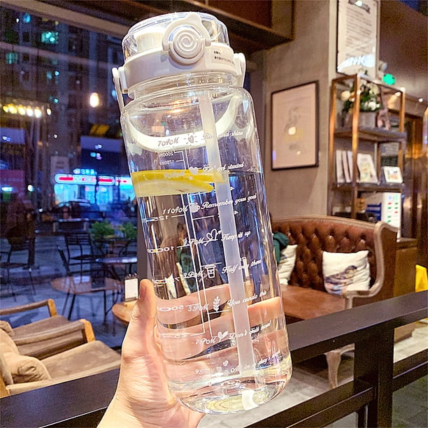 Botellas de viaje portátiles de gran capacidad de 1,5/2 litros, botella de agua con pajita deportiva con escala de tiempo, taza de agua de jugo frío de plástico para exteriores