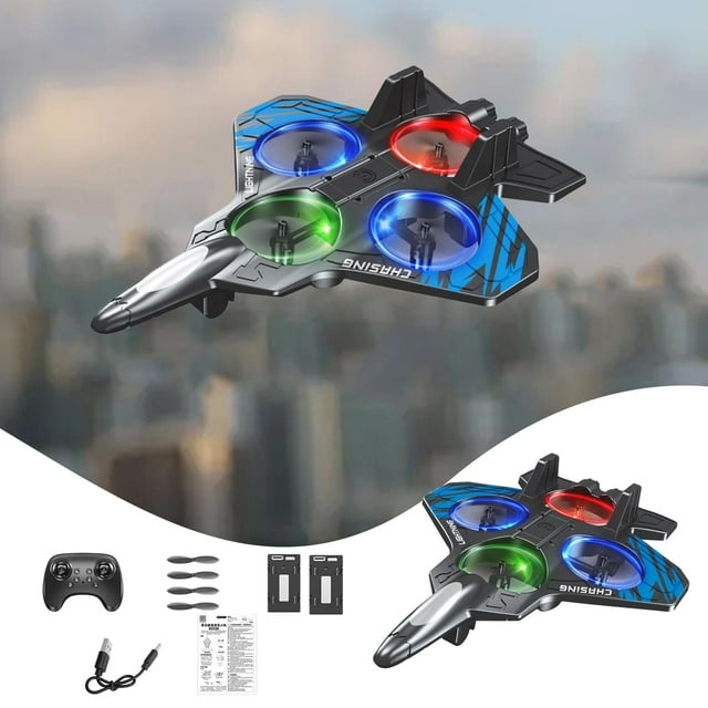 Avión de control remoto de espuma, helicóptero de hobby, portátil, fácil de volar, 6 canales, juguete volador para exteriores, avión de EVA, dos baterías azules