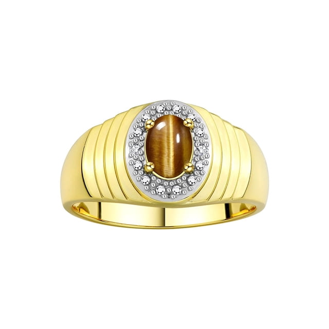RYLOS Men's Rings Yellow Gold Plated Silver Classic Halo Of Diamonds 7X5MM Oval Gemstone Ring Tiger Eye November Birthstone Rings For Men Size 13