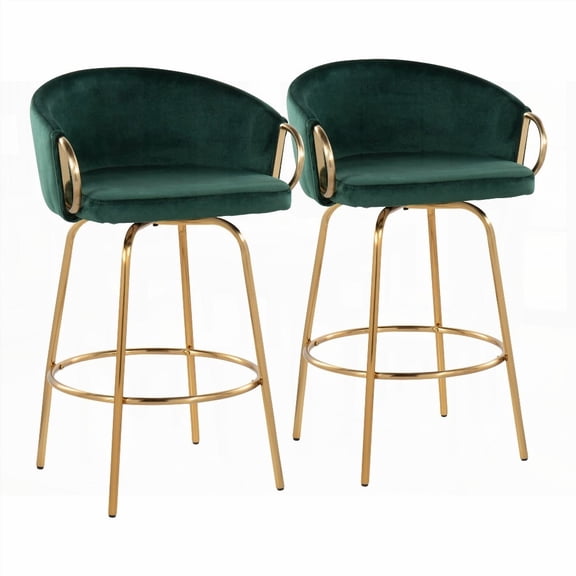 Claire 2-Piece Contemporary Gold Steel & Green Velvet Counter Stool - Set for Bar Area