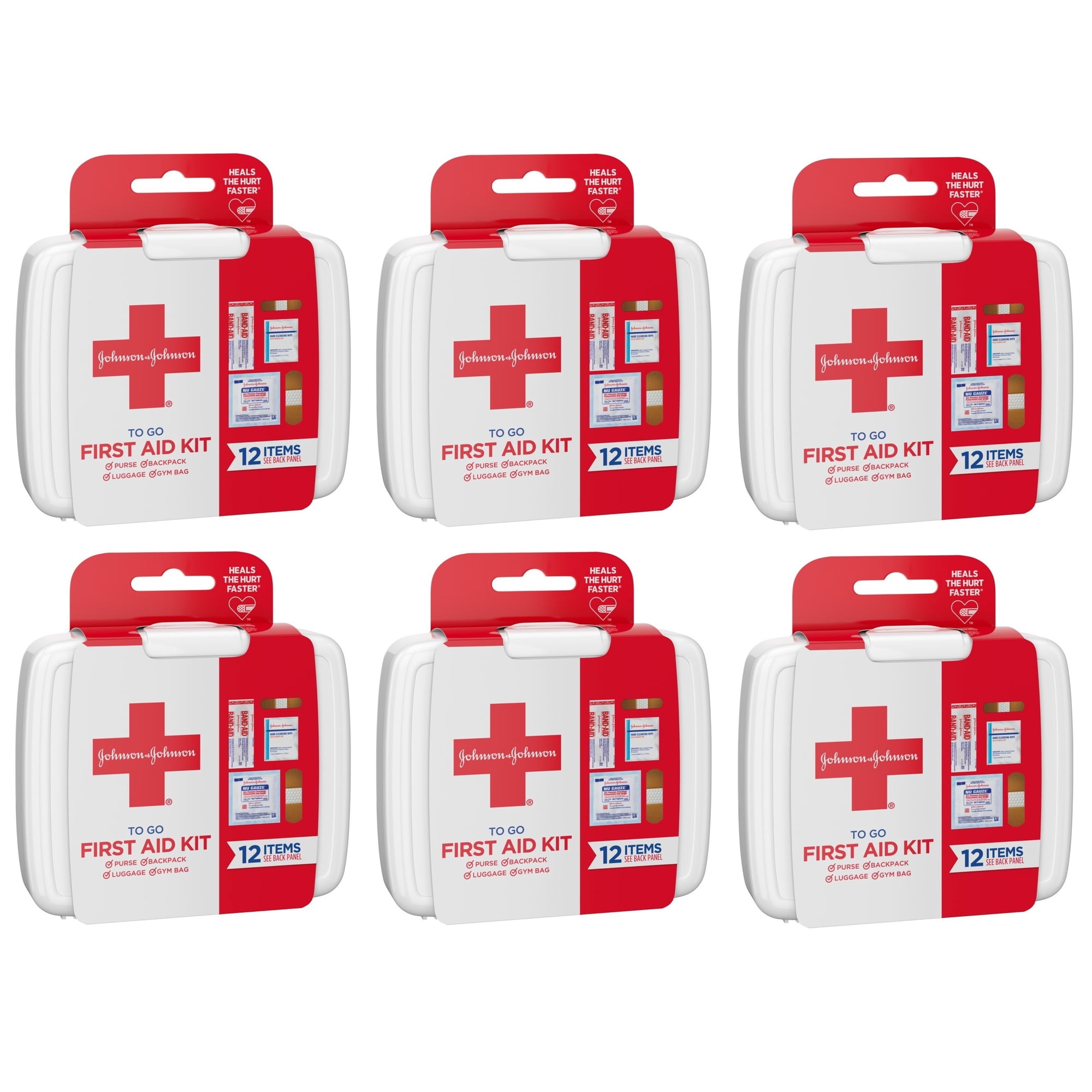 6/Pk J&J First Aid TO GO Mini Portable Bandages Gauze Pads & Wipes Kit 12 Count Items in One Pack (72 Count)