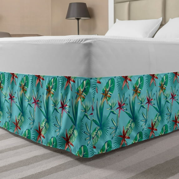 Bird of Paradise Bed Skirt, Exotic Blossoms with Jungle Tropical Accents Vivid Flourish, Elastic Bedskirt Dust Ruffle Wrap Around for Bedding Decor, 4 Sizes, Pale Blue and Multicolor, by Ambesonne