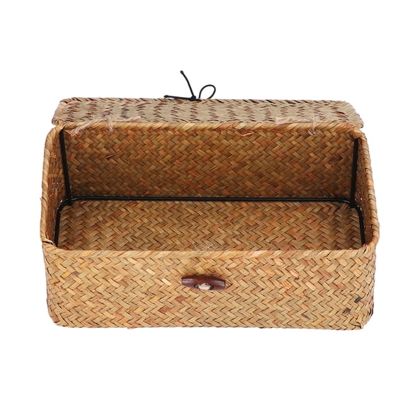 Rectangular Seagrass Basket Organizer, Handcrafted Woven Bin With Lid For Kitchen  Living