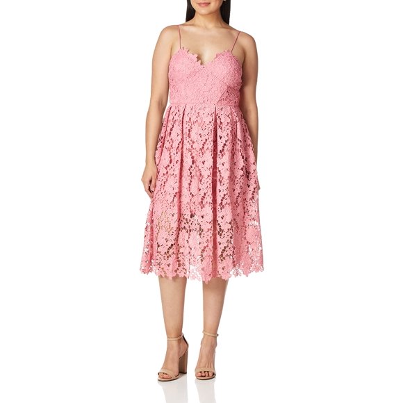 Donna Morgan Women's Chemical Lace Spaghetti Strap Midi Dress, Pink Sherbet, 14