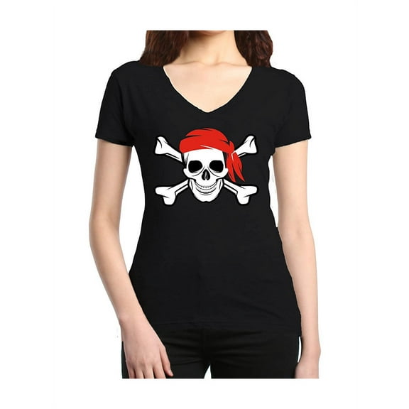 IWPF - Women's T-Shirt V-Neck Short Sleeve - Jolly Roger Skull & Crossbones