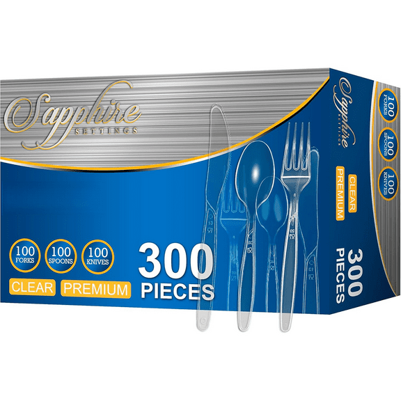 Disposable Cutlery Set Color: Clear Sapphire 300 Pcs: 100 Spoons, 100 Knives, 100 Forks. Heavy Duty & Solid Disposable Silverware Utensils Set for Weddings, Buffets, Luncheons