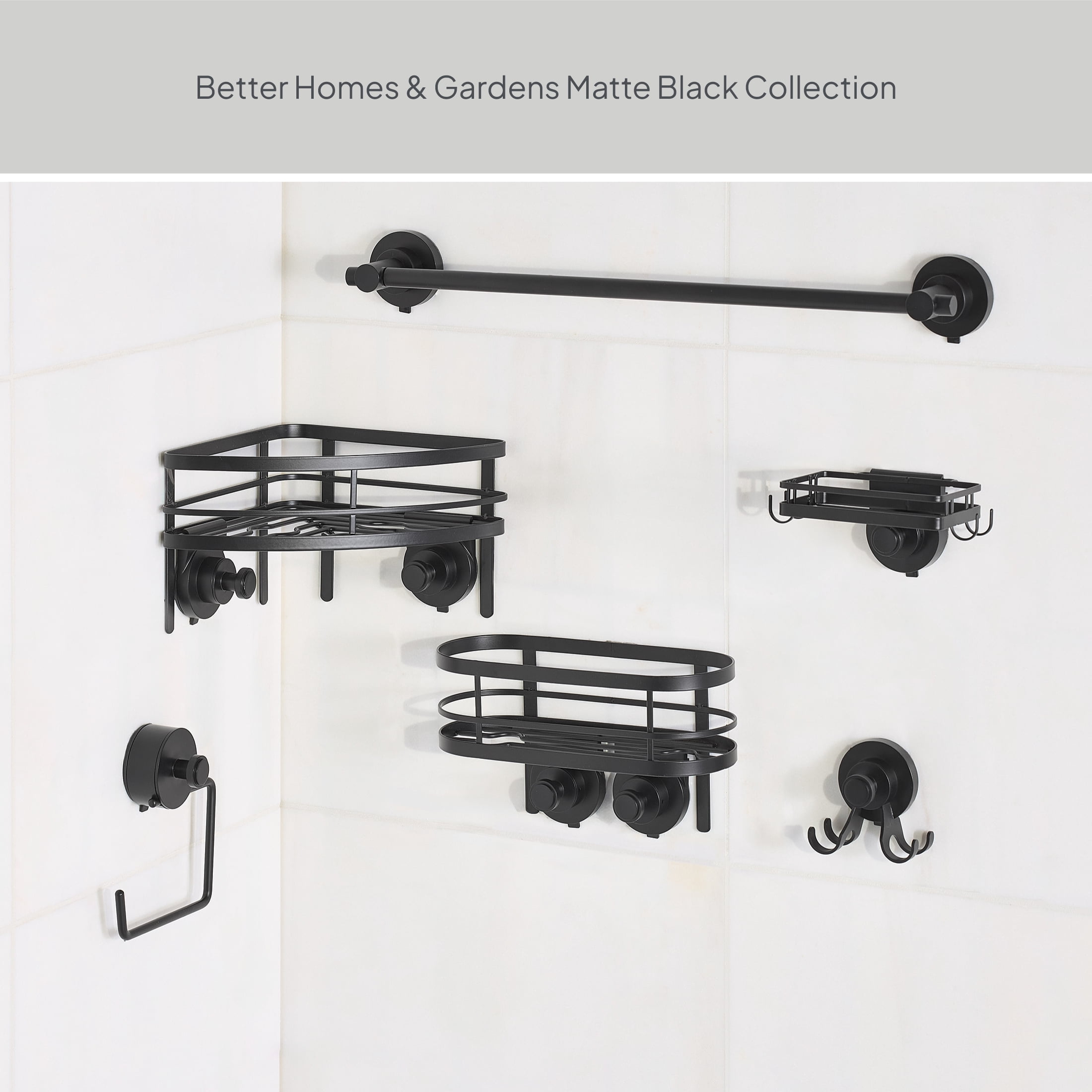 Better Homes & Gardens StyleGrip™ Suction Mount Shower Caddy with Hooks, Matte Black
