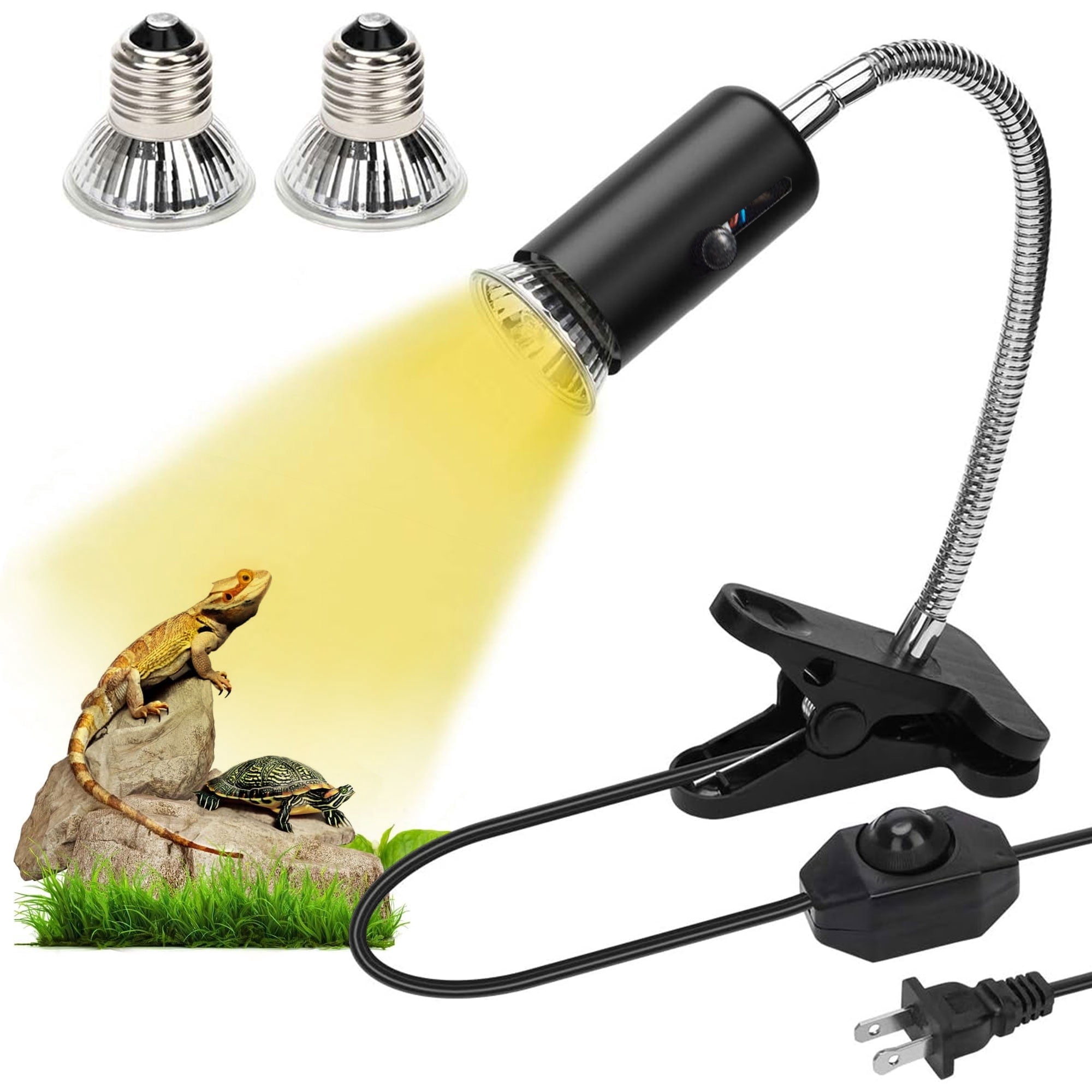 Semfri Adjustable Reptile Heat Lamp - UVA UVB Sunlight Basking Spotlight with 2 50W Bulbs, Fits Turtles/Lizards/Snakes, Black