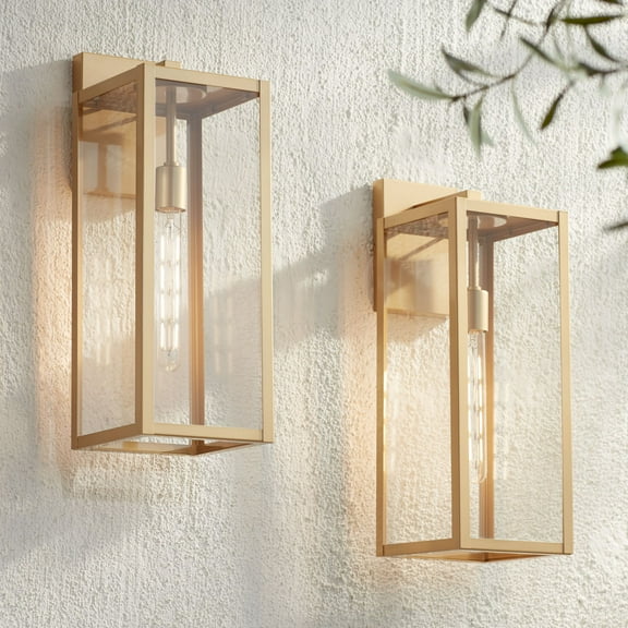 John Timberland Titan Modern Outdoor Wall Light Fixtures Set of 2 Soft Gold Rectangular Frame 20 1/4" Clear Glass for Post Exterior Barn