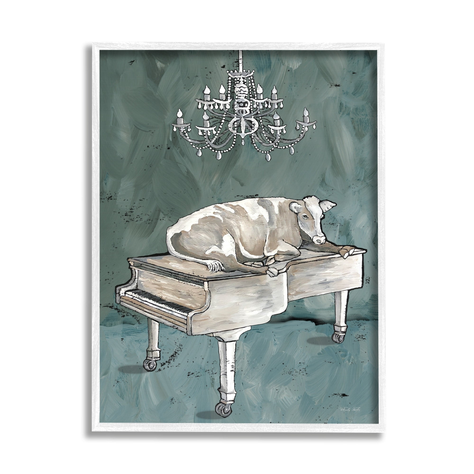 Stupell Industries Cow Resting on Piano Fancy Chandelier Green Gray, 16 x 20, Design by Cindy Jacobs
