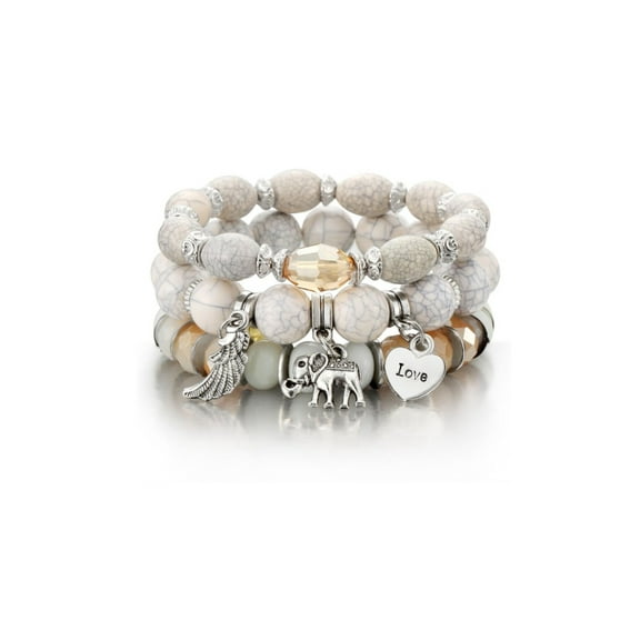 White Beaded Stretch Bracelet With Elephant Charm