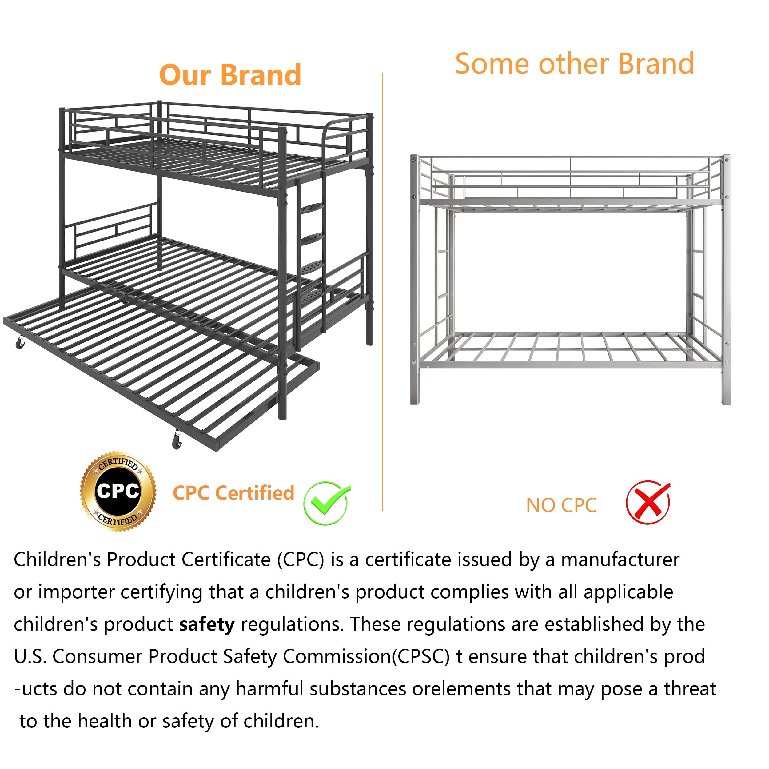 Triple Bunk Bed Twin over Twin with Trundle Metal Bunk Bed for Kids,Adults,Heavy Duty Bunk Bed with Full-Length Guardrail,Comfortable Step,Easy to Assemble,for 3
