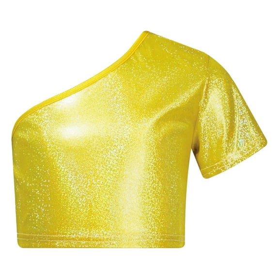 Yhong Kids Girls Shiny Sparkly One Shoulder Short Sleeve Dance Crop Top Hip Hop Street T-Shirts Gold 110
