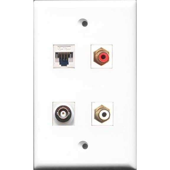 RiteAV 1 Port RCA Red and 1 Port RCA White and 1 Port BNC and 1 Port Cat5e Ethernet White Wall Plate