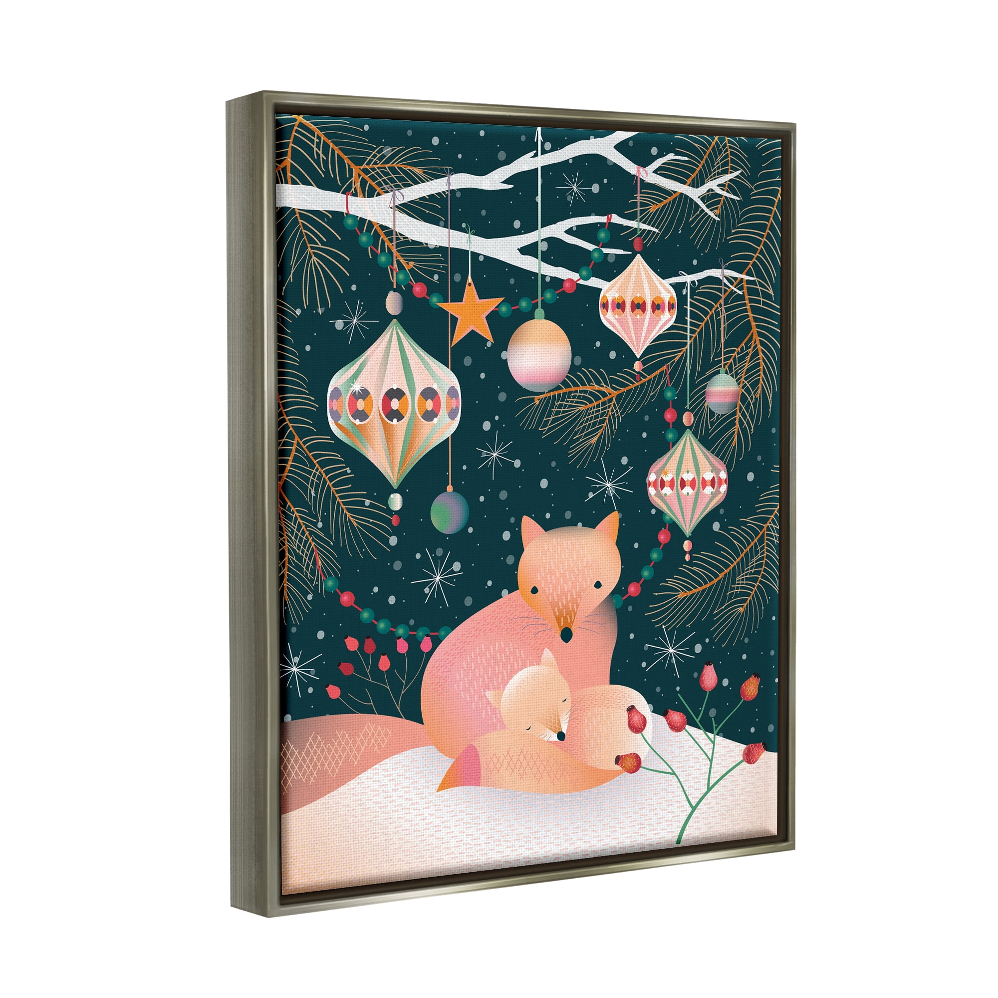 Stupell Industries Winter Foxes Beneath Tree Holiday Painting Gray Floater Framed Canvas Art Print Wall Art, 25 x 31
