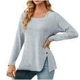 thumbnail image 3 of HVOBTTY Womens Long Sleeve Pullover T Shirt, Fall Tops for Women, Women's Casual Fashion Solid Color Loose Square Neck Button Split Hem Daily Wear Top Light Blue, M, 3 of 5