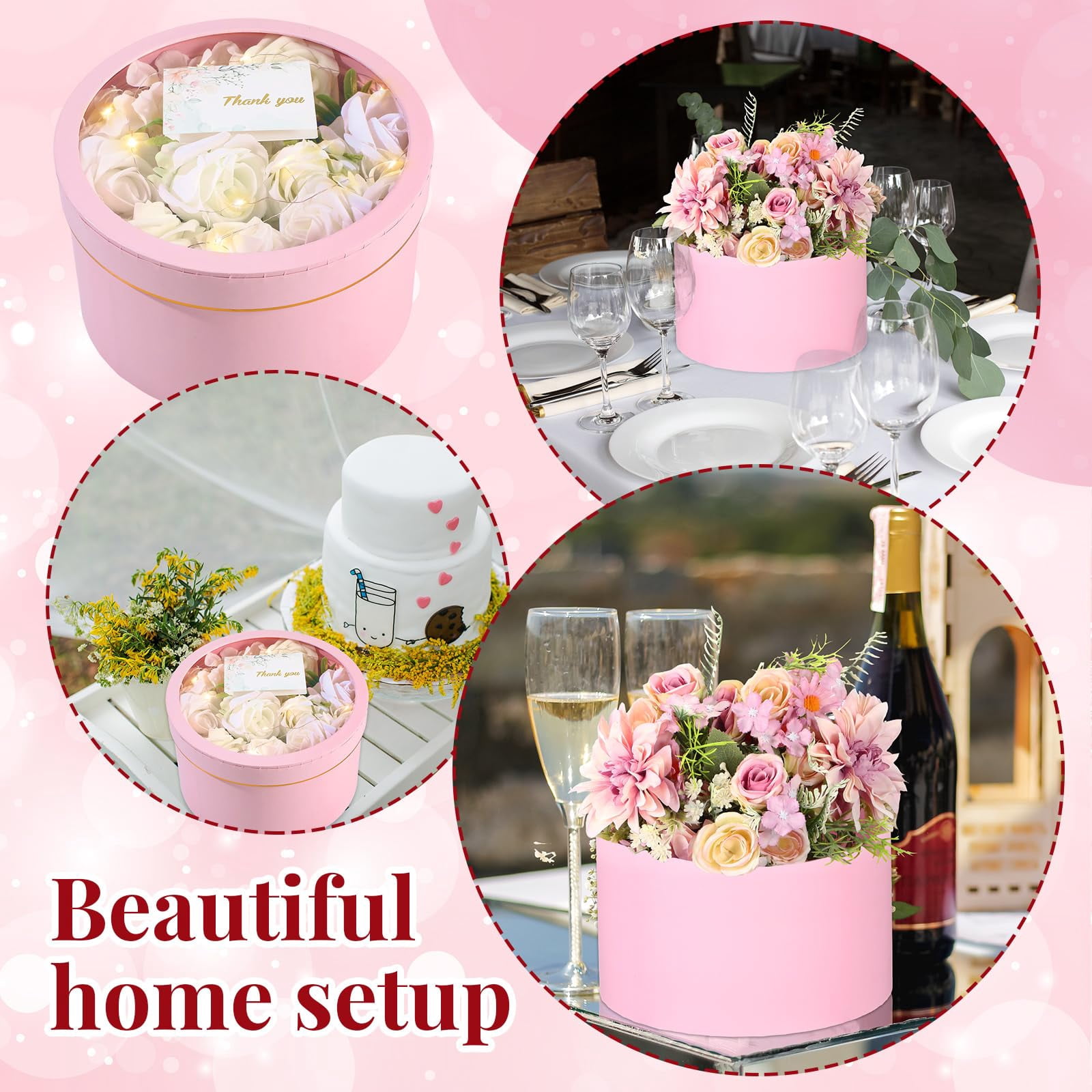 2 Round Gift Boxes With Lids Floral Foam Led Light Thank You Greeting Cards Flower Arrangements Supplies For Valentine Birthday Wedding Bridesmaid Proposal(pink)