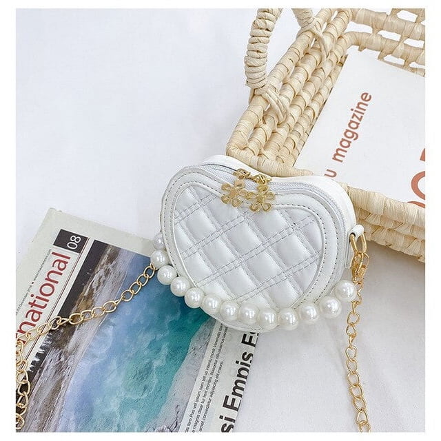 LinYooLi Mini Coin Wallet Pouch Pearl Handle Girls Shoulder Bag Princess Hand Bags Kids Purses Cute Childrens Heart-shaped Crossbody Bag