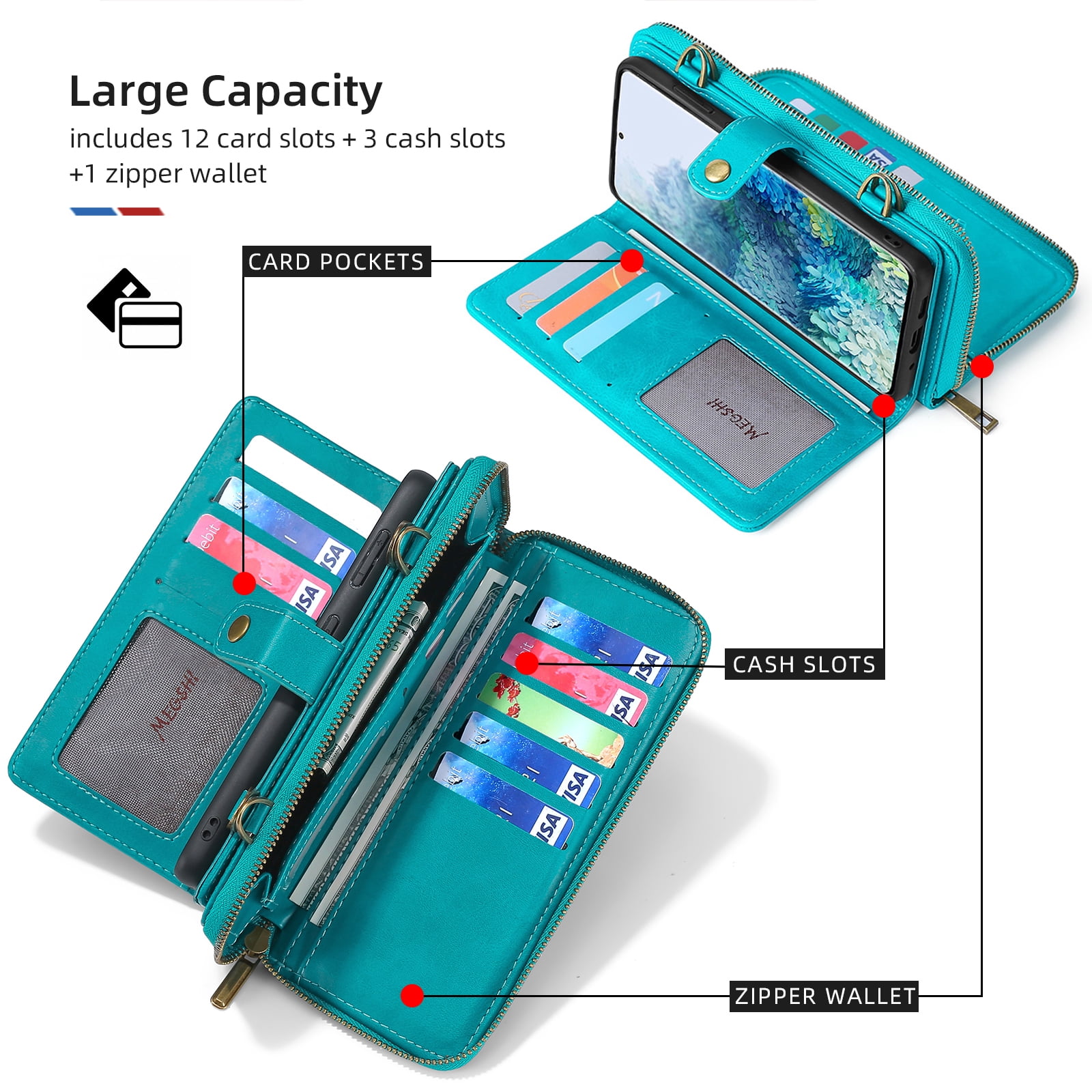 Galaxy S22 Wallet Case Premium Leather Flip Zipper Detachable Magnet Wallet Stand Card Holder Case with Crossbody Lanyard Strap Zipper Pocket Cover for Samsung Galaxy S22 6.1 inch 2022,Blue